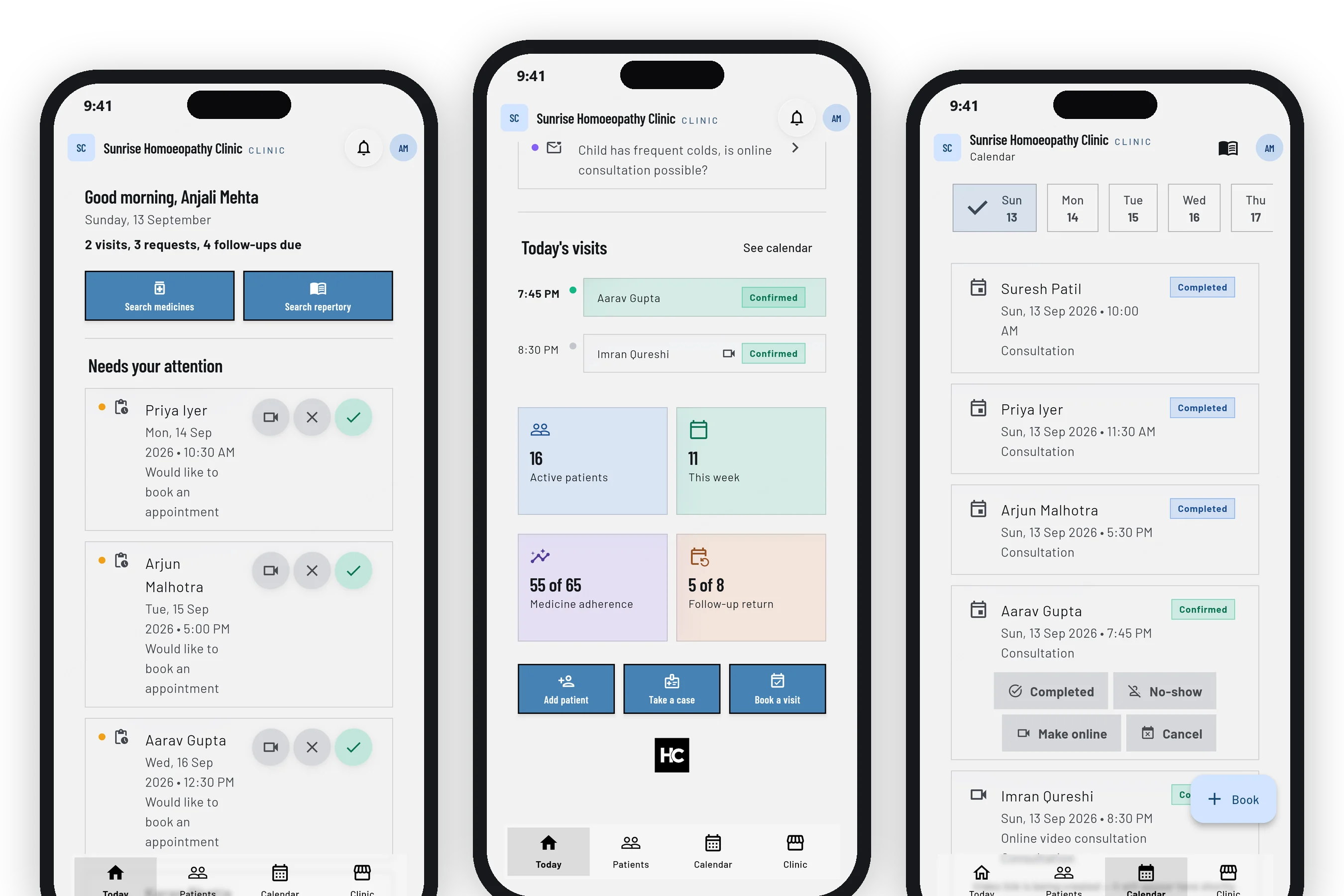 Three phone screens from the app: the list of booking requests to approve; today's visits with the four practice figures and the Add patient, Take a case and Book a visit buttons; and the calendar showing each patient's appointments.