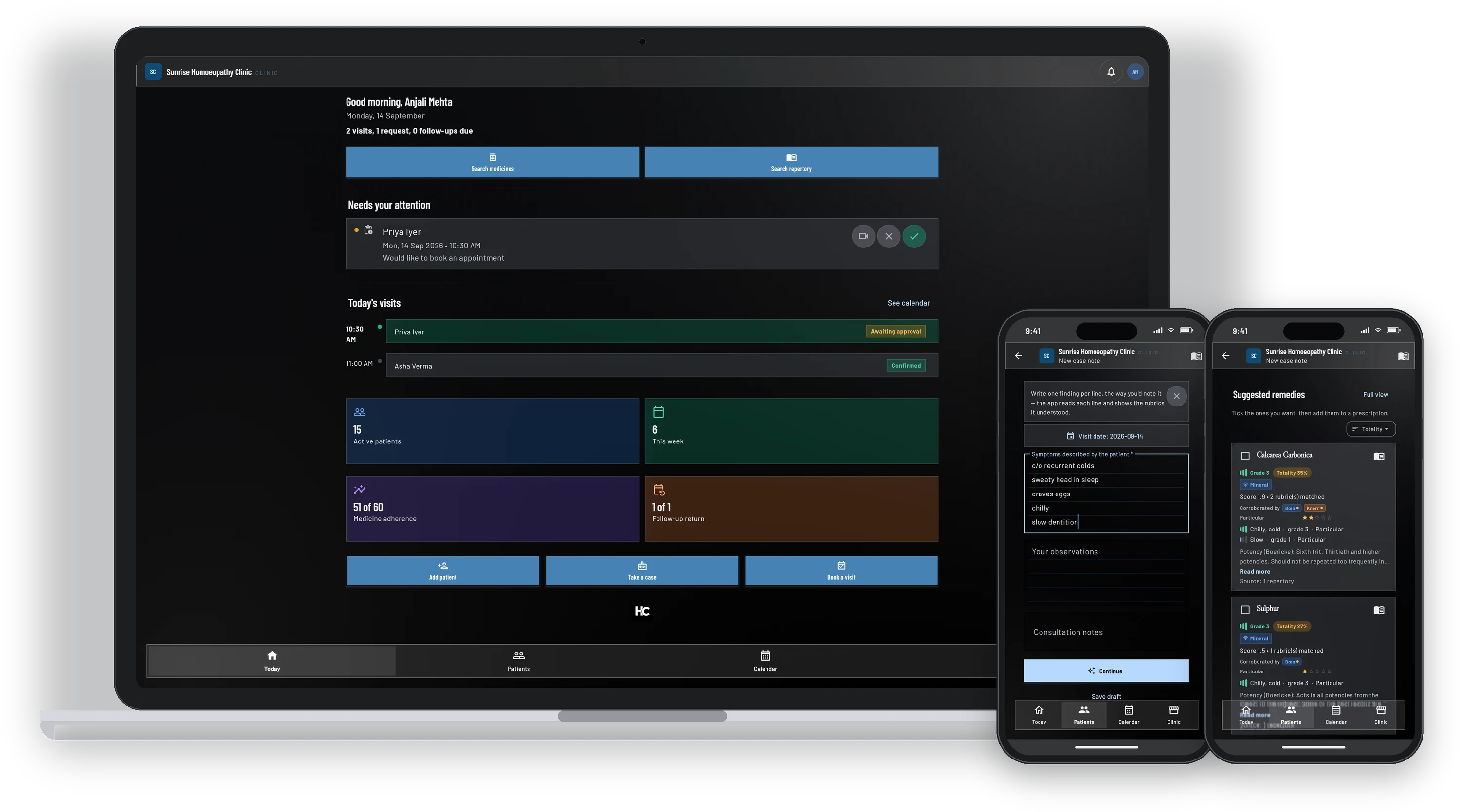 The same three screens in dark mode.